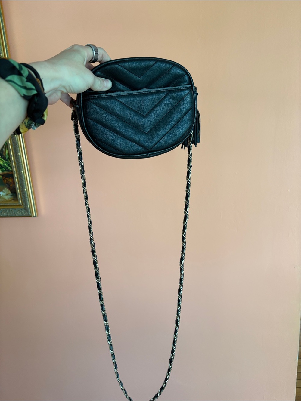 Forever21 Black Quilted Round Crossbody Bag with Chain Strap